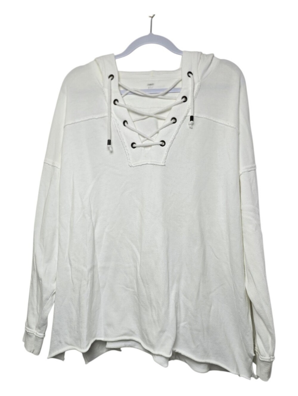 Aerie White Lace-Up Hoodie Oversized S Relaxed V-Neck Pullover Sweatshirt Preppy